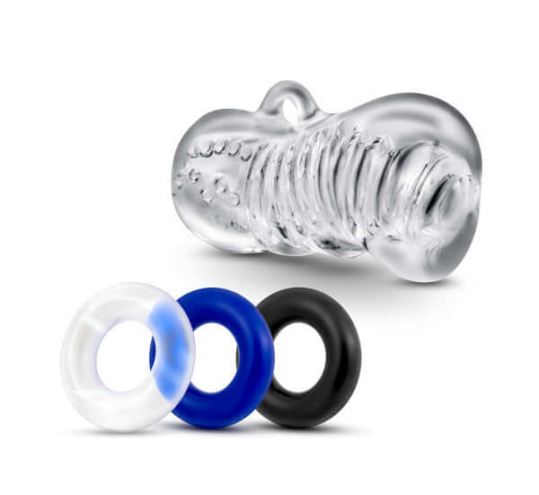 Quickie Kit Jerk Off Clear from Blush Novelties with realistic sleeve and multi-textured chamber, includes three colored rings for enhanced pleasure