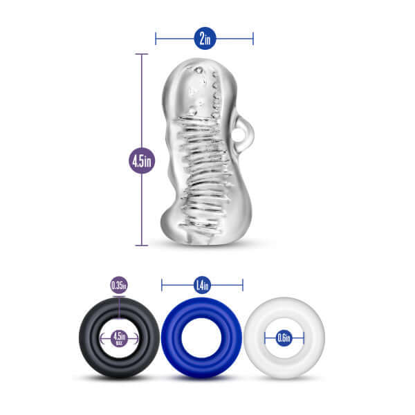 Quickie Kit Jerk Off Clear by Blush Novelties showing realistic textured sleeve and various sized cock rings with dimensions.