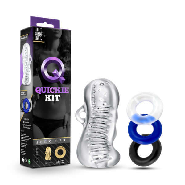 Quickie Kit Jerk Off Clear from Blush Novelties with realistic sleeve and cock rings in packaging