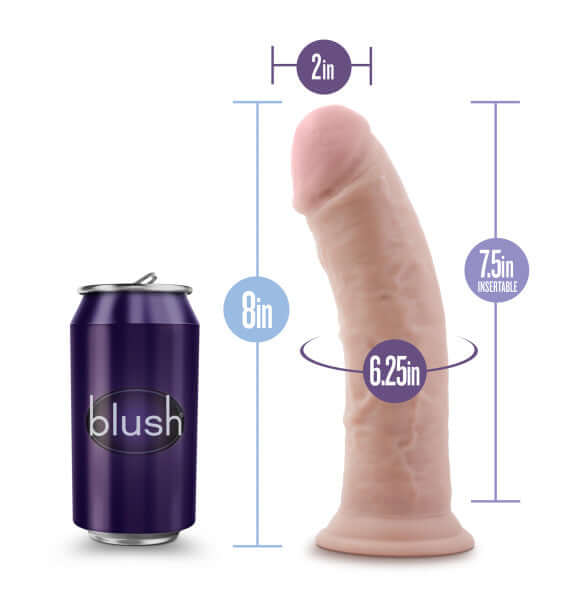 AU Naturel 8 inch Dildo with Suction Cup Vanilla shown with dimensions: 8 inch length, 7.5 inch insertable, 6.25 inch girth, 2 inch width.