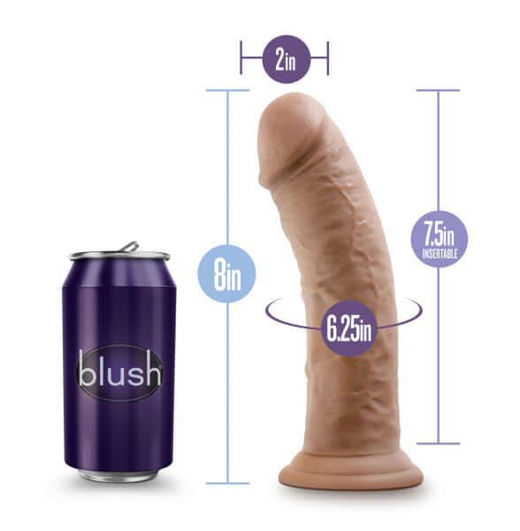 Au Naturel 8-Inch Dildo with Suction Cup in Mocha, Sensa Feel Dual Density by Blush Novelties, shown with dimensions and soda can.