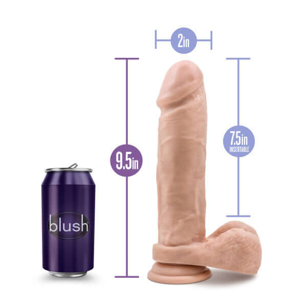 Au Natural 9.5 Inches Dildo with Suction Cup Vanilla Beige next to can for size comparison, showing length and girth dimensions.