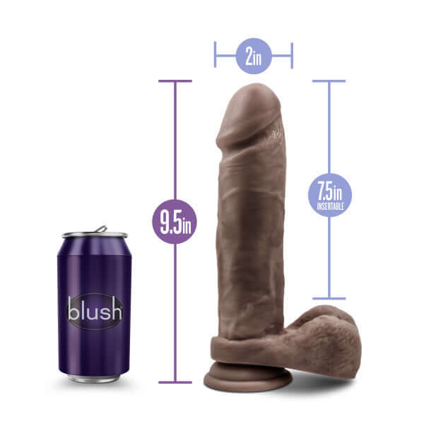 Au Natural 9.5 Inch Dual Density Dildo with Suction Cup in Chocolate Brown, next to a can for size comparison.