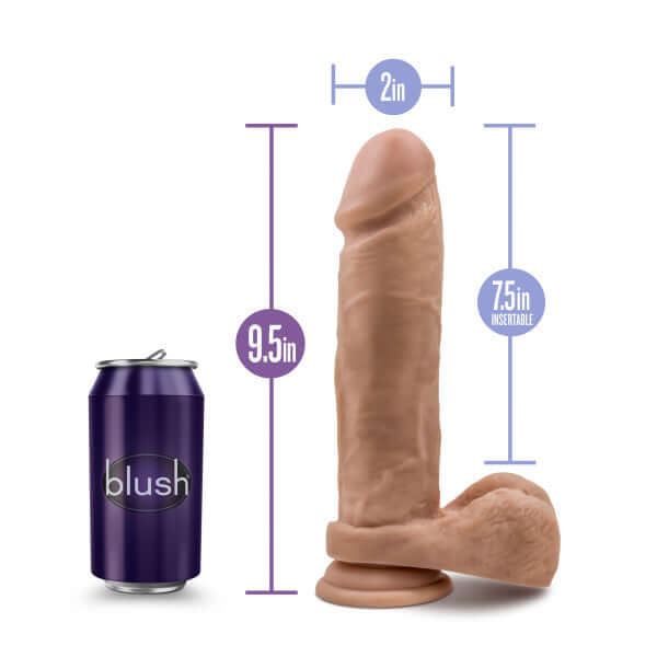 Au Natural 9.5 Inches Dildo with measurement details and comparison to a can from Blush Novelties featuring Sensa Feel Dual Density Technology
