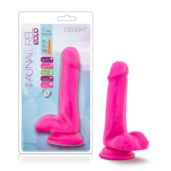 Au Naturel Bold Delight 6-inch pink dildo with suction cup base and realistic design from Blush Novelties.