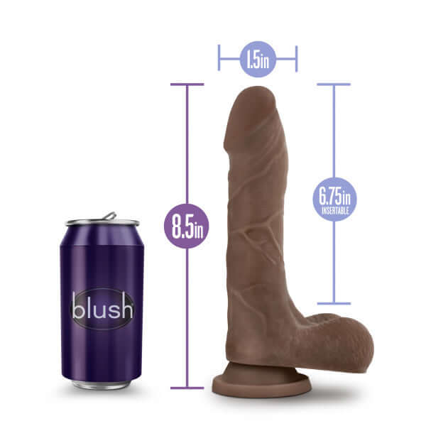 Blush Novelties Au Naturel Mister Perfect Chocolate Brown Dildo with size comparison to soda can showing dimensions