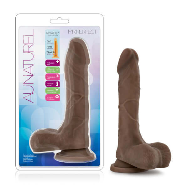 Blush Novelties Au Naturel Mister Perfect Chocolate Brown Dildo with packaging showing realistic design and Sensa Feel technology