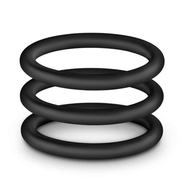 Performance VS3 Silicone Cock Rings for enhancing stamina and extended pleasure - set of three large black rings stacked