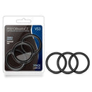 Performance VS3 Silicone Cock Rings 3-pack large, strong and stretchy black rings for enhanced stamina and extended pleasure.