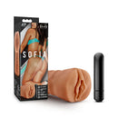 M for Men Sofia Mocha Tan Pocket Pussy Stroker with packaging and bullet vibrator from Blush Novelties
