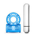 Stay Hard 10 Function Bull Ring Blue Vibrating with silver bullet next to blue ring for enhanced pleasure and longer performance