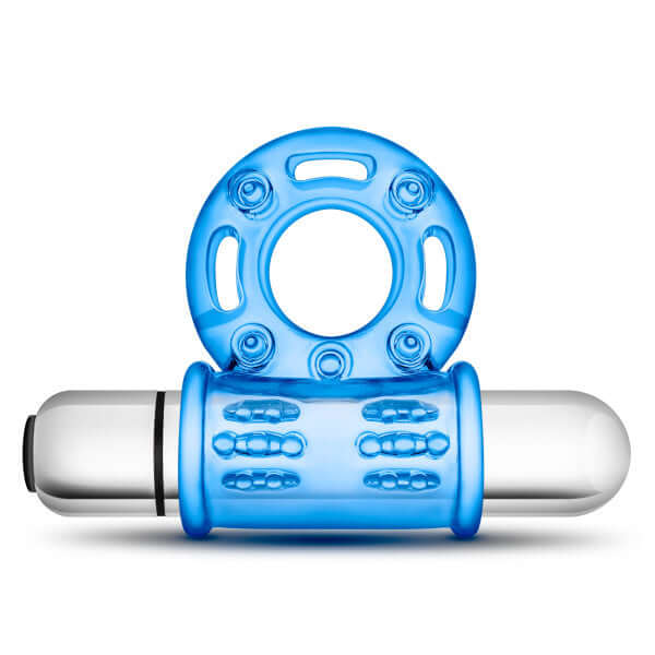 Stay Hard 10 Function Blue Vibrating Bull Ring with bullet for enhanced sensations.