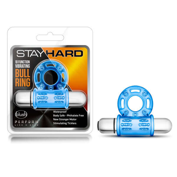 Stay Hard 10 Function Blue Vibrating Bull Ring in packaging with bullet and ticklers for enhanced sensations
