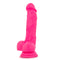 Neo Elite 7.5 inches Neon Pink Silicone Dual Density Dildo with Balls by Blush Novelties featuring a suction cup base for versatile use.