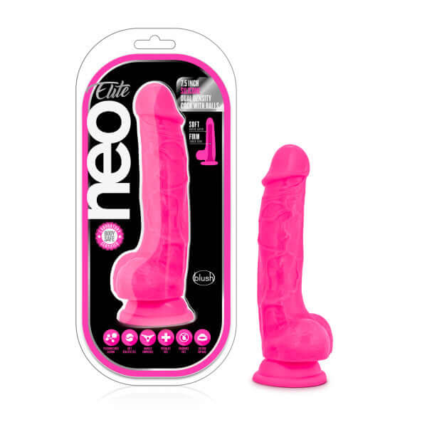 Neo Elite 7.5 inches Silicone Dual Density Cock with Balls Neon Pink in packaging and standing upright, featuring realistic details and suction cup base.