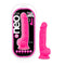 Neo Elite 7.5 inches Silicone Dual Density Cock with Balls Neon Pink in packaging and standing upright, featuring realistic details and suction cup base.