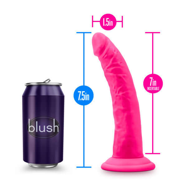 Neo Elite 7.5 inches Silicone Dual Density Cock in Neon Pink with suction cup base next to a soda can for size comparison.