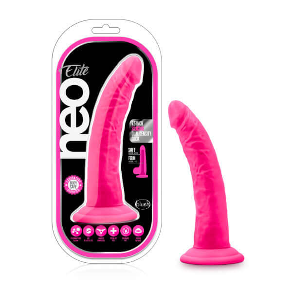 Neo Elite 7.5 inches Silicone Dual Density Neon Pink Dildo with Suction Cup Base from Blush Novelties in Packaging