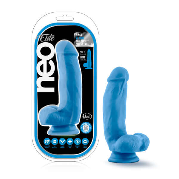 Neo Elite 7" Silicone Dual Density Cock with Balls Neon Blue by Blush Novelties in packaging and product display.