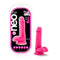 Neo Elite 6 inches Neon Pink Silicone Dual Density Cock with Balls by Blush Novelties in packaging and standing upright.