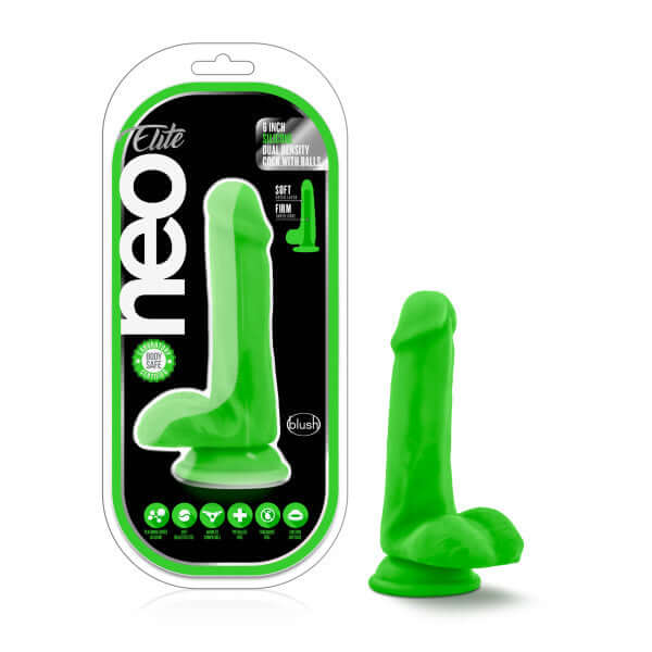 Neon green Neo Elite 6-inch silicone dildo with dual density and suction cup base by Blush Novelties, in packaging and displayed upright.