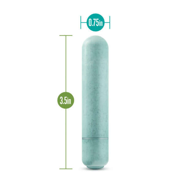Gaia Eco Bullet Vibrator Aqua Blue 3.5in x 0.75in, biodegradable and recyclable, waterproof with push button control for powerful vibrations.