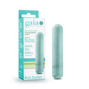 Gaia Eco Bullet Vibrator Aqua Blue in packaging made of biodegradable BioFeel plastic, eco-friendly, waterproof, and 1-speed vibrator.