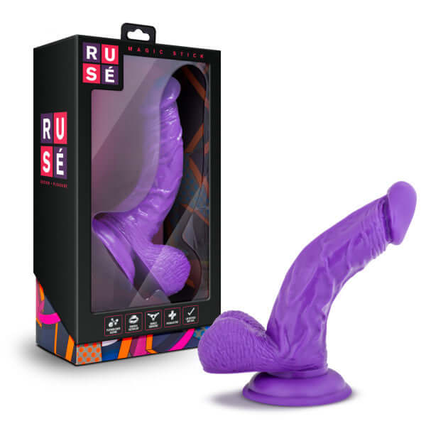Ruse Magic Stick Purple Realistic Dildo with suction base and packaging for G-Spot and P-Spot stimulation.