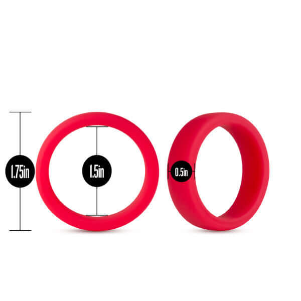 Performance Silicone Go Pro Cock Ring Red with dimensions of 1.75 inches outer diameter, 1.5 inches inner diameter, and 0.5 inches width.