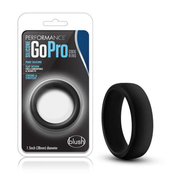 Performance Silicone Go Pro Cock Ring Black in packaging and product view, smooth satin Platinum Silicone from Blush Novelties, body-safe material