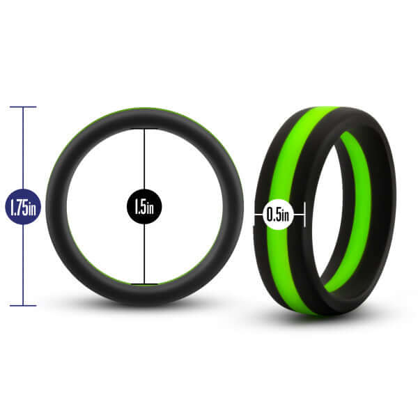 Performance Silicone Go Pro Cock Ring in Black and Green with dimensions: 1.75-inch outer diameter, 1.5-inch inner diameter, 0.5-inch width.