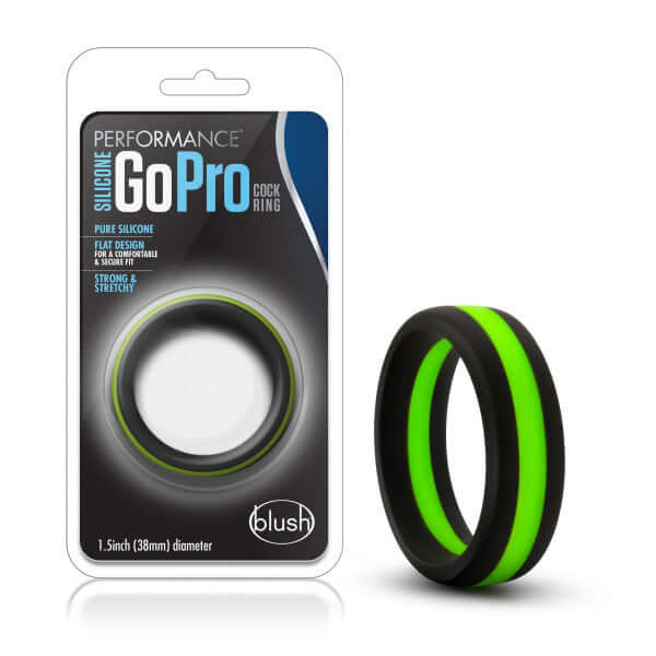 Performance Silicone Go Pro Cock Ring by Blush Novelties in black and green packaging, showing 1.5-inch body-safe silicone ring.