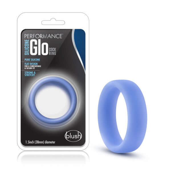 Performance Silicone Glo Cock Ring Blue Glow by Blush Novelties in packaging and showcased ring, body-safe, phthalate-free, 1.5-inch diameter.