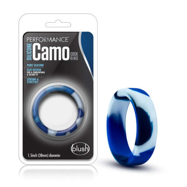 Blue camouflage Performance Silicone Camo Cock Ring by Blush Novelties, packaged and unpackaged, soft and stretchy for comfort and secure fit.