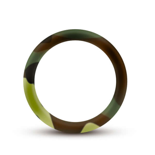 Performance Silicone Camo Cock Ring in Green Camouflage by Blush Novelties - Soft, stretchy, no-slip, body-safe silicone, 1.75-inch outer diameter