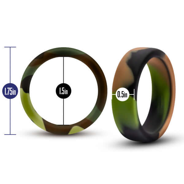 Performance Silicone Camo Cock Ring Green Camouflage from Blush Novelties with 1.75" outer diameter, 1.5" inner diameter, and 0.5" width.