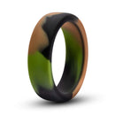 Green camo silicone cock ring from Blush Novelties offering comfort, stretch, no-slip fit, size 1.75" OD, 1.5" ID, and 0.5" width