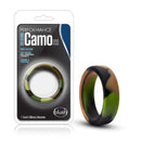 Performance Silicone Camo Cock Ring in Green Camouflage by Blush Novelties, featuring a soft, stretchy, flat design for comfort and secure fit.