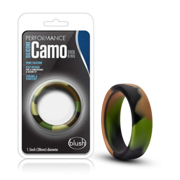 Performance Silicone Camo Cock Ring in Green Camouflage by Blush Novelties, featuring a soft, stretchy, flat design for comfort and secure fit.