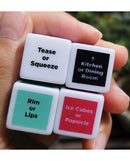 Four dice with playful instructions for a fun and interactive game experience.