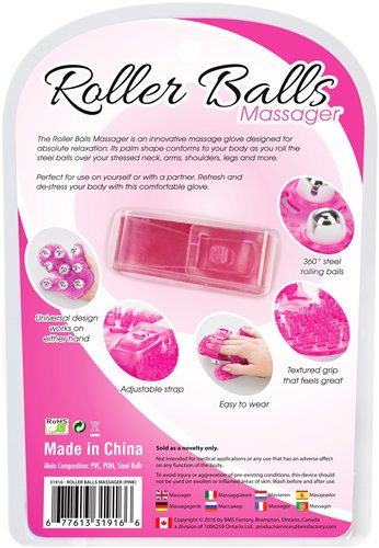 Back packaging of Roller Balls Massager Glove in Pink with features like 360-degree steel balls, adjustable strap, and textured grip.