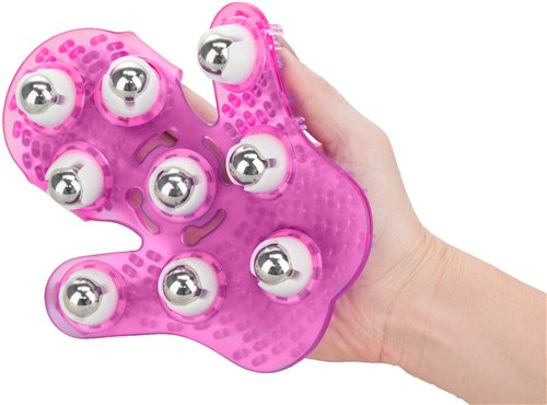 Pink Roller Balls Massager Glove with 9 metallic rotating balls being held in hand for soothing massage experience.
