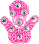 Pink roller balls massager glove with 9 metallic 360-degree rotating balls for soothing massages and sore muscle relief.