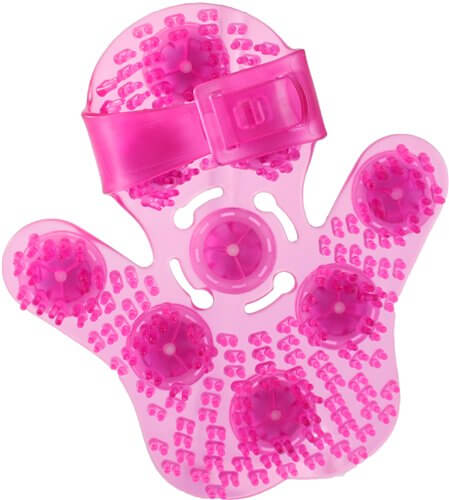 Pink Roller Balls Massager Glove with 9 Rotating Balls for Sore Muscle Relief and Relaxation.