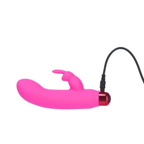 Power Bullet Alice’s Bunny 10-function pink vibrating bullet with removable bunny sleeve and charging cable.