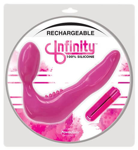 Rechargeable Infinity Strapless Strap On in pink, made of 100% silicone, includes Power Bullet for vibrant pleasure.