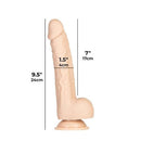 Addiction 100% Tristan 9.5-inch Silicone Dildo with measurements showing length and girth for extreme realism and satisfaction.