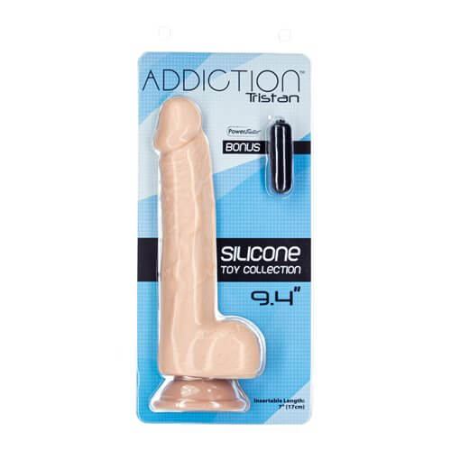 Naked Addiction Tristan 9.4-inch silicone dildo in packaging with bonus bullet vibe.