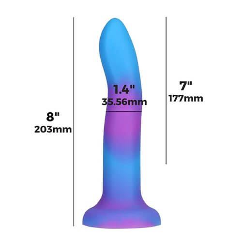 Rave Addiction 8 inches Glow In The Dark Dildo Blue Purple with dimensions 8 inches long and 1.4 inches wide from BMS Enterprise