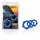 Stay Hard Beaded 3 Pc Blue Cock Rings by Blush Novelties in packaging and displayed, for delaying ejaculation and harder erections.